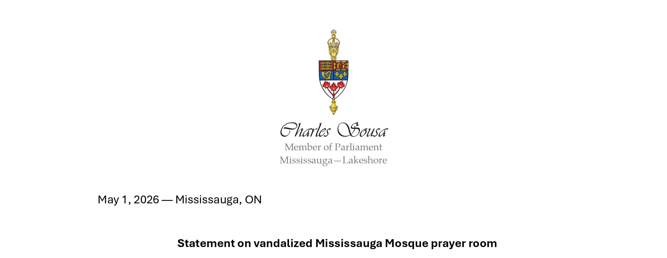 Statement on vandalized Mississauga Mosque prayer room